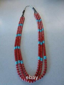 Red Coral And Turquoise and Silver Native American Navajo Style Necklace