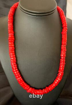 Red Coral Native American Navajo Sterling Silver Bead Necklace 11873