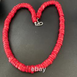 Red Coral Native American Navajo Sterling Silver Bead Necklace 11873