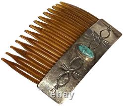 Rns Vintage Navajo Native American Sterling Silver Turquoise Artisan Hair Comb