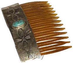 Rns Vintage Navajo Native American Sterling Silver Turquoise Artisan Hair Comb