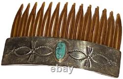 Rns Vintage Navajo Native American Sterling Silver Turquoise Artisan Hair Comb