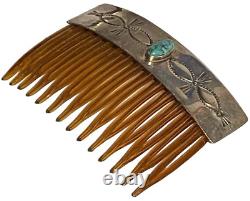 Rns Vintage Navajo Native American Sterling Silver Turquoise Artisan Hair Comb