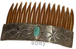 Rns Vintage Navajo Native American Sterling Silver Turquoise Artisan Hair Comb