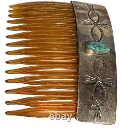 Rns Vintage Navajo Native American Sterling Silver Turquoise Artisan Hair Comb