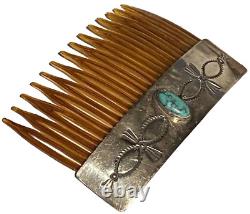 Rns Vintage Navajo Native American Sterling Silver Turquoise Artisan Hair Comb