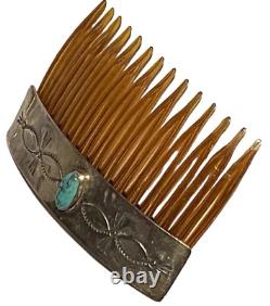 Rns Vintage Navajo Native American Sterling Silver Turquoise Artisan Hair Comb