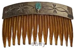 Rns Vintage Navajo Native American Sterling Silver Turquoise Artisan Hair Comb