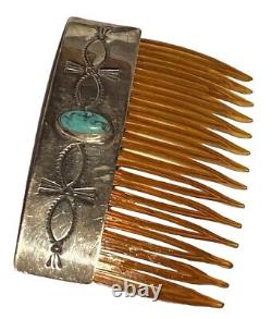 Rns Vintage Navajo Native American Sterling Silver Turquoise Artisan Hair Comb