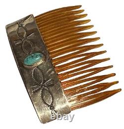 Rns Vintage Navajo Native American Sterling Silver Turquoise Artisan Hair Comb