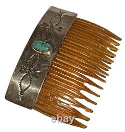 Rns Vintage Navajo Native American Sterling Silver Turquoise Artisan Hair Comb