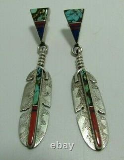 Robert Vandever Sterling Native American Navajo Turquoise Coral Lapis Earrings