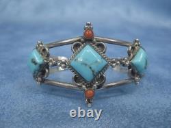 SW Native American Navajo Sterling Silver Turquoise & Coral Cuff Bracelet Signed