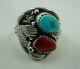 Signed Fc Navajo Turquoise & Coral Eagle Ring Size 10.5