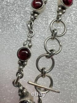 Signed JG Native American Navajo Zuni Sterling Silver Cabochon Garnet Bracelet