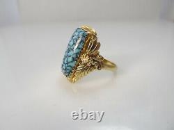 Signed Jag Navajo 14k Yellow Gold Spiderweb Turquoise Ring Vintage Handmade