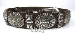 Signed Native American Navajo Silver Leather Concho Vintage Belt 34