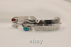 Signed Native American Navajo Sterling Silver Turquoise & Coral Feather Bracelet