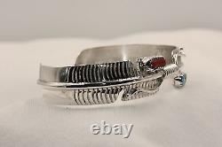 Signed Native American Navajo Sterling Silver Turquoise & Coral Feather Bracelet