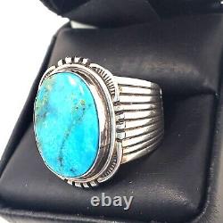 Signed Navajo Will Denetdale Sterling Silver Large Turquoise Ring Size 10