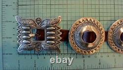 Signed TC 11+ozt Navajo 11 CONCHO BELT buckle Sterling Silver heavily Stamped