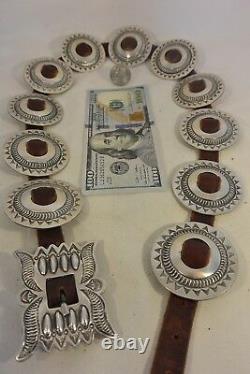 Signed TC 11+ozt Navajo 11 CONCHO BELT buckle Sterling Silver heavily Stamped