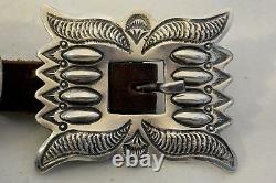 Signed TC 11+ozt Navajo 11 CONCHO BELT buckle Sterling Silver heavily Stamped