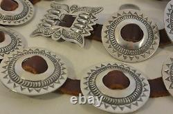 Signed TC 11+ozt Navajo 11 CONCHO BELT buckle Sterling Silver heavily Stamped