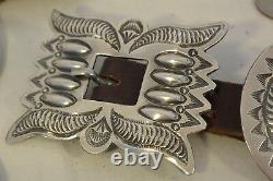 Signed TC 11+ozt Navajo 11 CONCHO BELT buckle Sterling Silver heavily Stamped