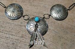 Signed Vintage Navajo Sterling Concho Feathers Turquoise Puffy Choker Necklace