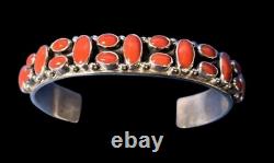 Silver and Coral Native American Navajo Cuff Bracelet by R. J. Apacheto