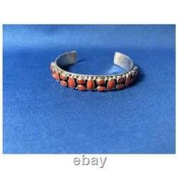 Silver and Coral Native American Navajo Cuff Bracelet by R. J. Apacheto