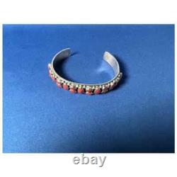 Silver and Coral Native American Navajo Cuff Bracelet by R. J. Apacheto