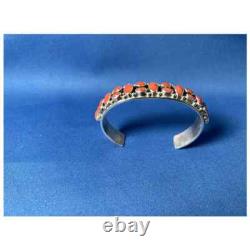 Silver and Coral Native American Navajo Cuff Bracelet by R. J. Apacheto