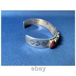 Silver and Coral Native American Navajo Cuff Bracelet by R. J. Apacheto