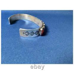 Silver and Coral Native American Navajo Cuff Bracelet by R. J. Apacheto