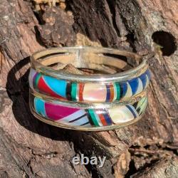 Size 7.5 Native American Navajo Signed Sterling Silver Mosaic Gemstone Ring