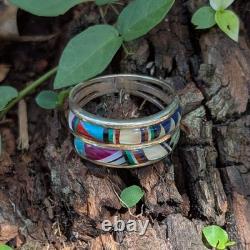 Size 7.5 Native American Navajo Signed Sterling Silver Mosaic Gemstone Ring