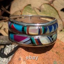 Size 7.5 Native American Navajo Signed Sterling Silver Mosaic Gemstone Ring