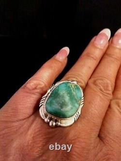 Size 7 Native American Navajo Signed Fox Turquoise Sterling Silver Ring