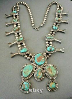 Southwestern Navajo Royston Turquoise Sterling Silver Squash Blossom Necklace