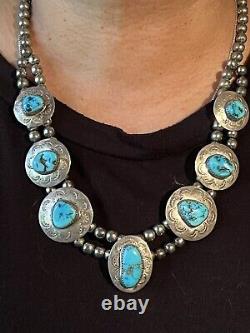 Spectacular Old Pawn Navajo Pearl Bench Bead&turquoise Stamped Pendant Necklace