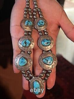 Spectacular Old Pawn Navajo Pearl Bench Bead&turquoise Stamped Pendant Necklace