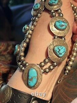 Spectacular Old Pawn Navajo Pearl Bench Bead&turquoise Stamped Pendant Necklace