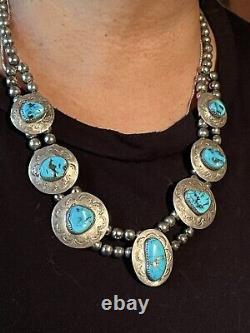 Spectacular Old Pawn Navajo Pearl Bench Bead&turquoise Stamped Pendant Necklace