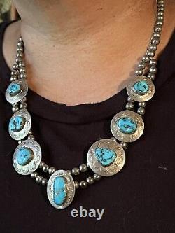 Spectacular Old Pawn Navajo Pearl Bench Bead&turquoise Stamped Pendant Necklace