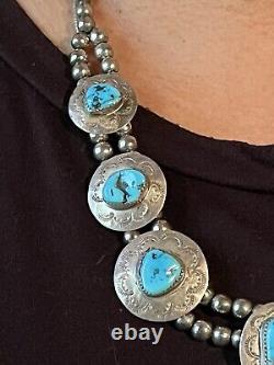 Spectacular Old Pawn Navajo Pearl Bench Bead&turquoise Stamped Pendant Necklace