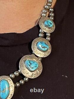 Spectacular Old Pawn Navajo Pearl Bench Bead&turquoise Stamped Pendant Necklace