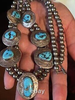 Spectacular Old Pawn Navajo Pearl Bench Bead&turquoise Stamped Pendant Necklace