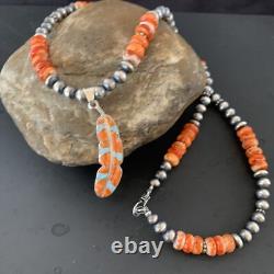 Spiny Oyster & Opal Leaf Pendant Navajo Pearls Sterling Silver Necklace 11380